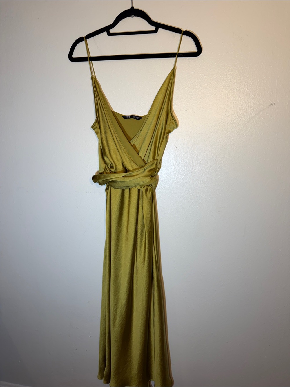Zara Olive Chartreuse Satin Faux Wrap Silky Maxi Slip Dress Large Cocktail - Picture 6 of 12